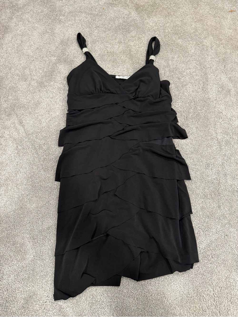 Black Layered V-Neck Evening Dress with Embellished Straps